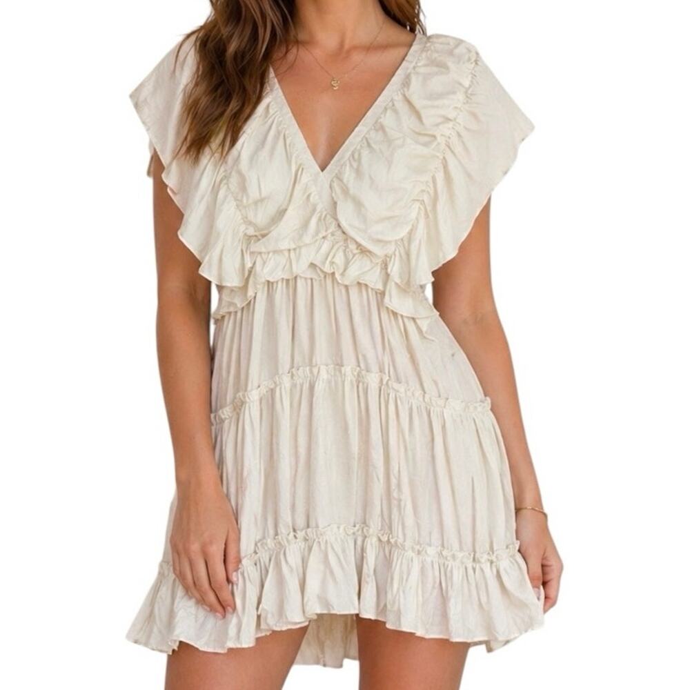 Glam White Ruffle Mini Dress Boho Cottagecore Tie‎ Back Flowy Babydoll Large